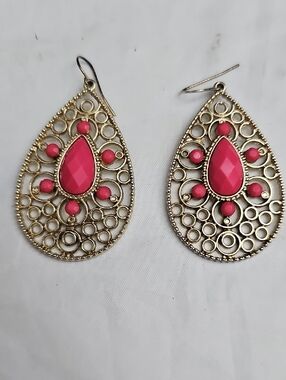 Gold Teardrop Earrings with Pink Stones - Women Jewelry